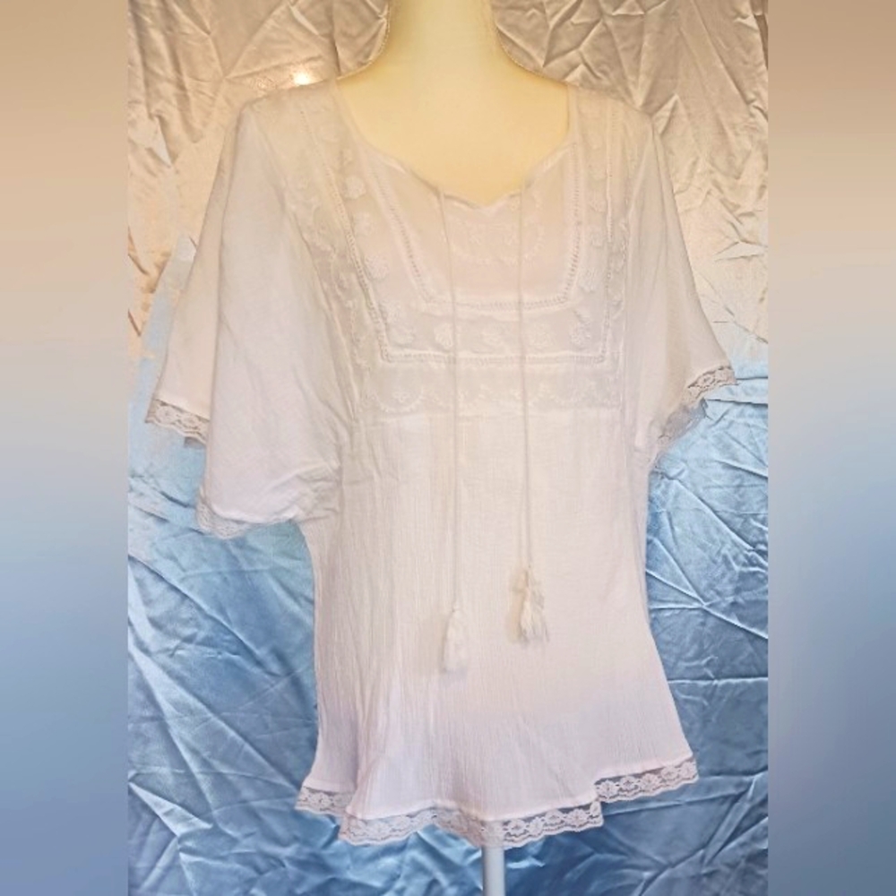 Bohemian Cafe White Gauze And Lace V-neck Semi-sheer Tunic
